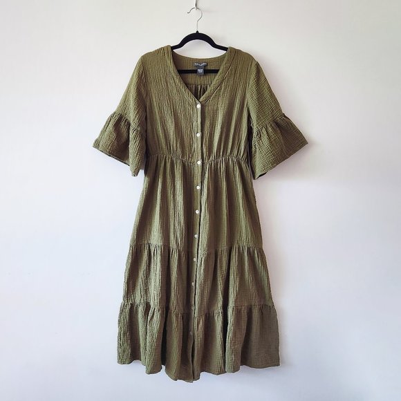 Chelsea and Theodore Moss Green 100% Cotton Double Gauze Midi Dress Size L - Picture 6 of 17